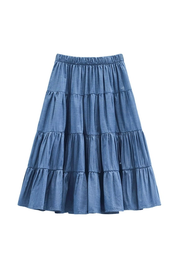 Girls Tiered Everyday Skirt Casual Denim High Waist Midi Skirt, Sizes 10-11