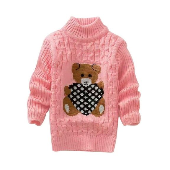 Kiijoy Girls Turtleneck Sweater Cute Cartoon Bear Knitted Long Pullover Top, Sizes 2-3