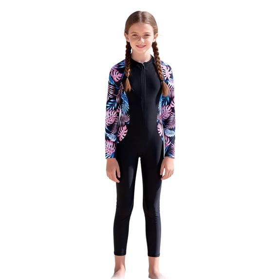 Kiijoy Girls UPF 50+ Long Sleeve Rash Guard Surfing Suit One-Piece Swimsuit, Sizes 7-12