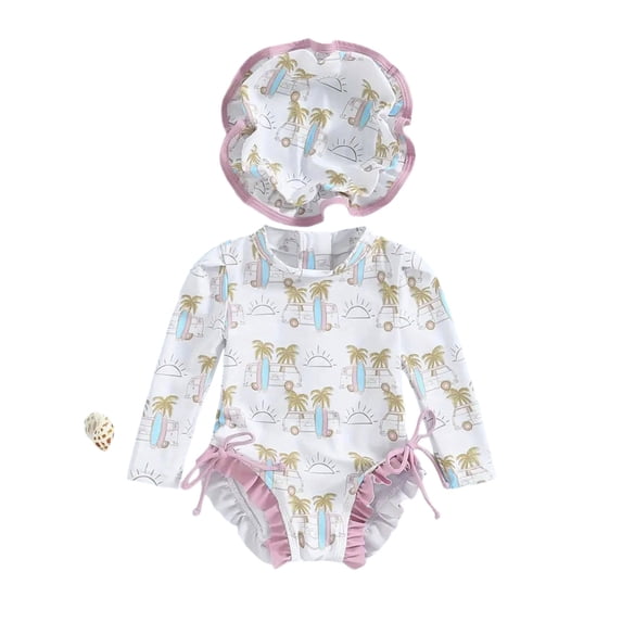 Kiijoy Girls UPF 50+ Ruffle Long Sleeve Rash Guard One-Piece Swimsuit with Hat, Sizes 0-24 Months