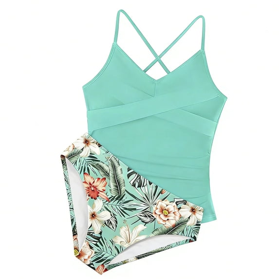 Kiijoy Girls UPF 50+ Tankini Swimsuit 2-Piece Ruched Crisscross Bathing Suit, Sizes 8-16