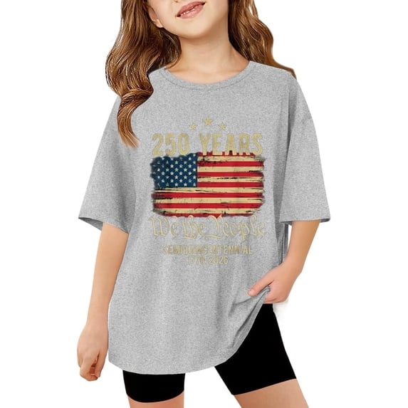 Kiijoy Girls USA 250th Anniversary Graphic Tee Independence Day Short Sleeve T-Shirt, Sizes 3-14