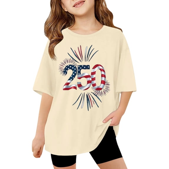 Kiijoy Girls USA 250th Short Sleeve T-Shirt 4th Of July Loose Crew Neck T Shirt, Sizes 3-14