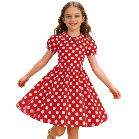 Kiijoy Girls Vintage Polka Dot Dress Short Puff Sleeve Midi Skater Dress, Red