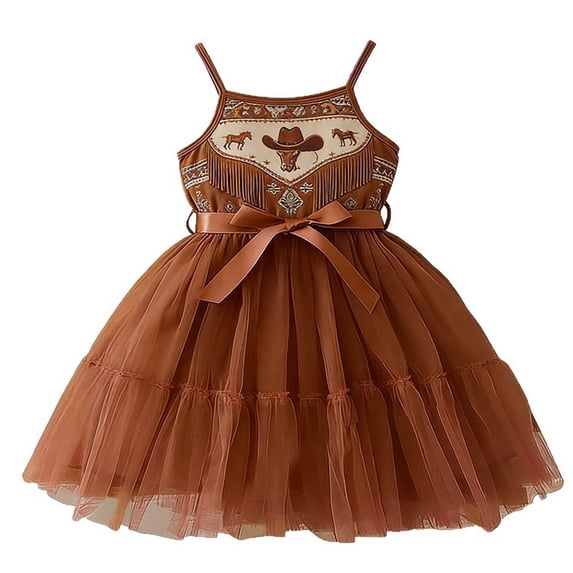 Kiijoy Girls Western Style Dress Cowgirl Spaghetti Strap Tulle Tutu Dress, Brown