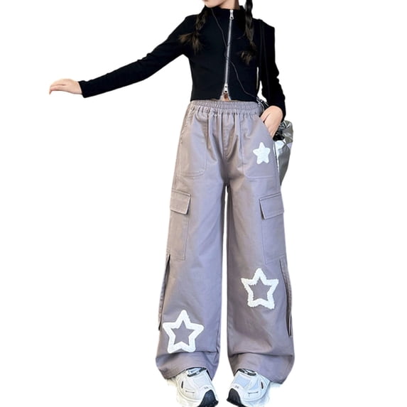 Kiijoy Girls Wide Leg Cargo Pants Star Print High Rise Straight Baggy Pants, Sizes 8-9