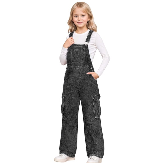 Kiijoy Girls Wide Leg Denim Overalls Adjustable Straps Jumpsuit Cargo Dungarees, Black
