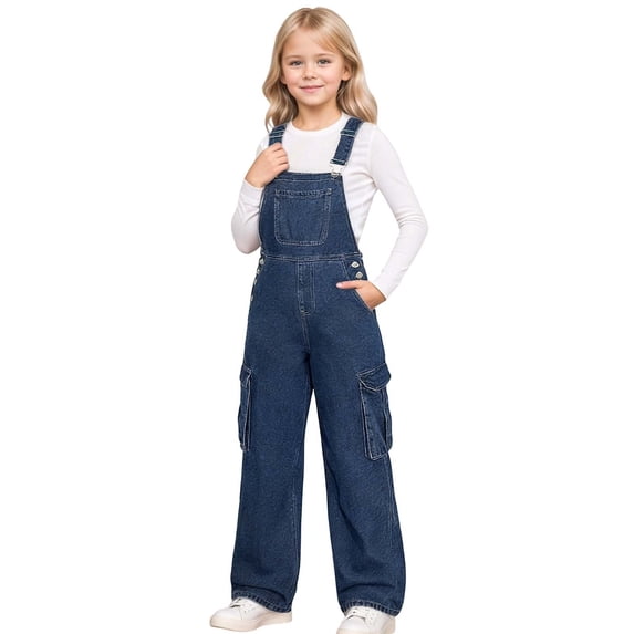 Kiijoy Girls Wide Leg Denim Overalls Adjustable Straps Jumpsuit Cargo Dungarees, Blue