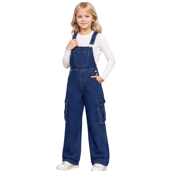 Kiijoy Girls Wide Leg Denim Overalls Adjustable Straps Jumpsuit Cargo Dungarees