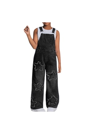 Girls Wide Leg Dungarees Denim Overalls Strap Jumpsuit with Star Patches, Sizes 8-9