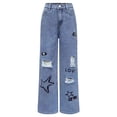 thumbnail image 1 of Kiijoy Girls Wide Leg Ripped Jeans Star Print Loose Straight Denim Pants, Blue, Sizes 7-12, 1 of 6