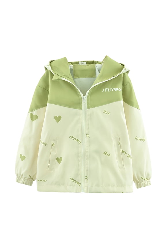 Girls Windbreaker Hearts Print Zip Up Hooded Jacket Outerwear Coat, Sizes 3-4
