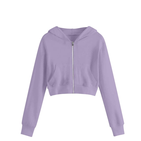 Kiijoy Girls Zip-Up Cropped Hoodie Casual Active Solid Long Sleeve Sweatshirt, Purple, 11-12 Years