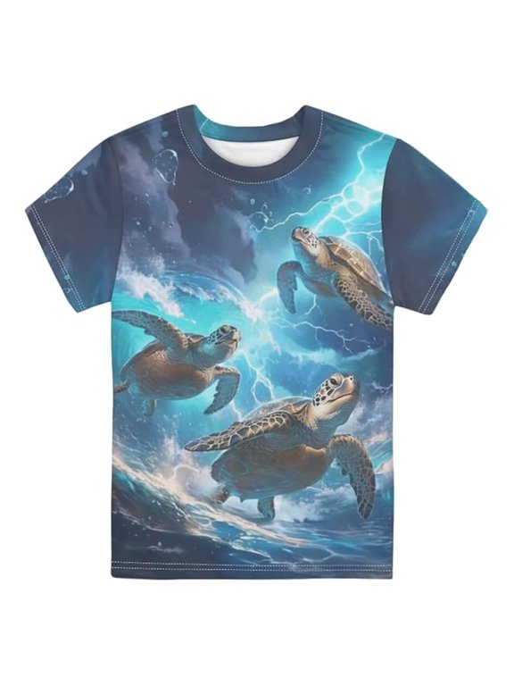 Graphic Tee for Boys Turtle Print Crewneck Short Sleeve T-Shirt Top, 13-14 Years