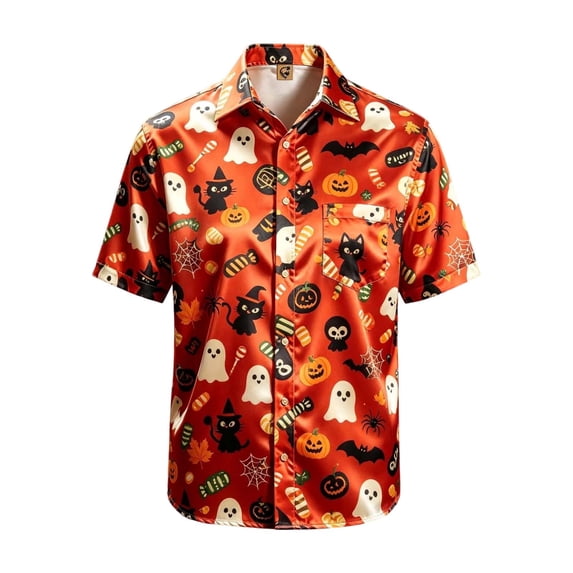 Kiijoy Halloween Boys Short Sleeve Button Down Shirt for Holiday Party, Orange, Sizes 4-14