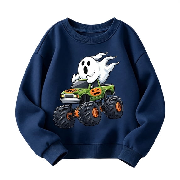 Kiijoy Halloween Boys Sweatshirt Cute Graphic Crewneck Pullover Top, Navy, Sizes 11-12Y