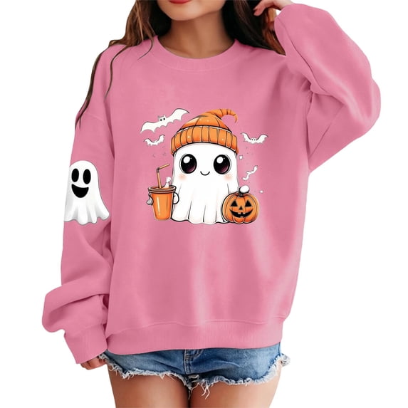 Kiijoy Halloween Girls Graphic Sweatshirt Crewneck Pullover, Pink, Sizes 9-10Y
