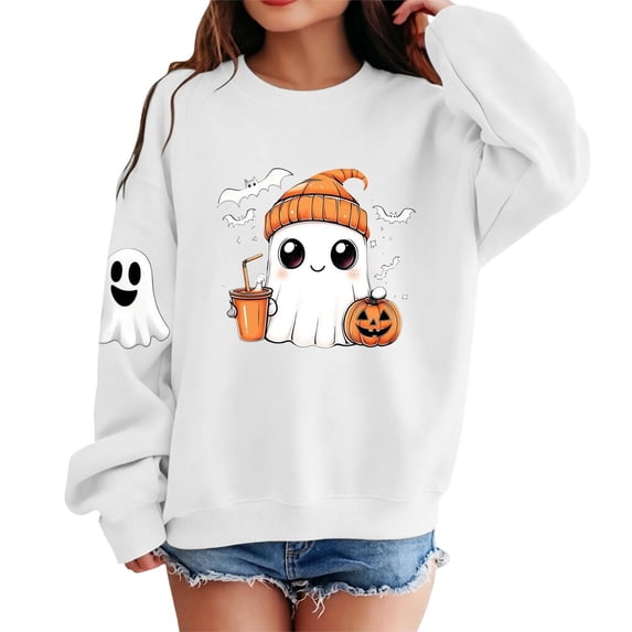Kiijoy Halloween Girls Graphic Sweatshirt Crewneck Pullover, White, Sizes 9-10Y