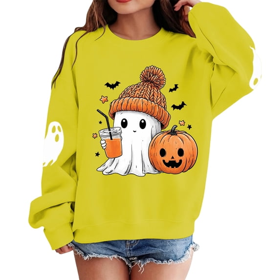 Kiijoy Halloween Girls Graphic Sweatshirt Loose Crewneck Pullover, Yellow, Sizes 7-8Y