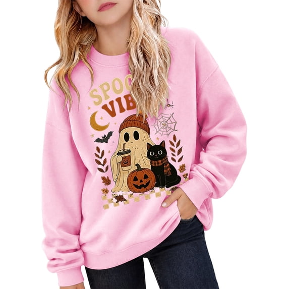 Kiijoy Halloween Graphic Sweatshirt for Girls Fall Cozy Pullover Top, Pink, Sizes 9-10Y