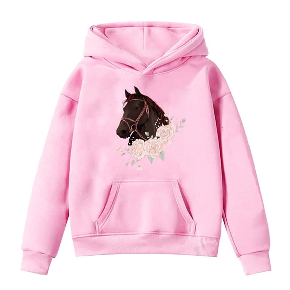 Kiijoy Hoodie Girl Casual Horse Graphic Pullover Hooded Sweatshirt, Pink, 6-7 Years