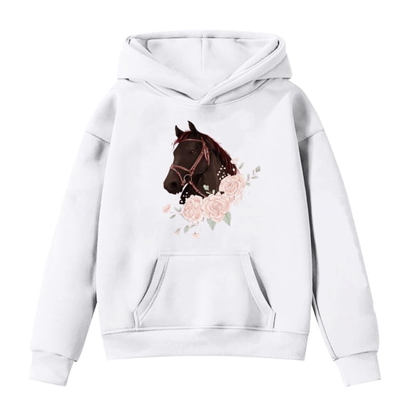 Kiijoy Hoodie Girls Horse Graphic Pullover Hooded Sweatshirt, White, 13-14 Years