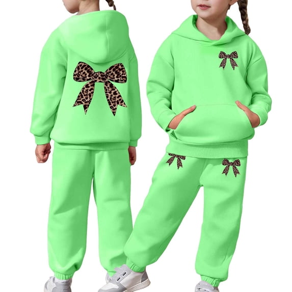 Kiijoy Hoodie Set for Girls Bow Print Active Hooded Sweatshirt Sweatpants Outfits