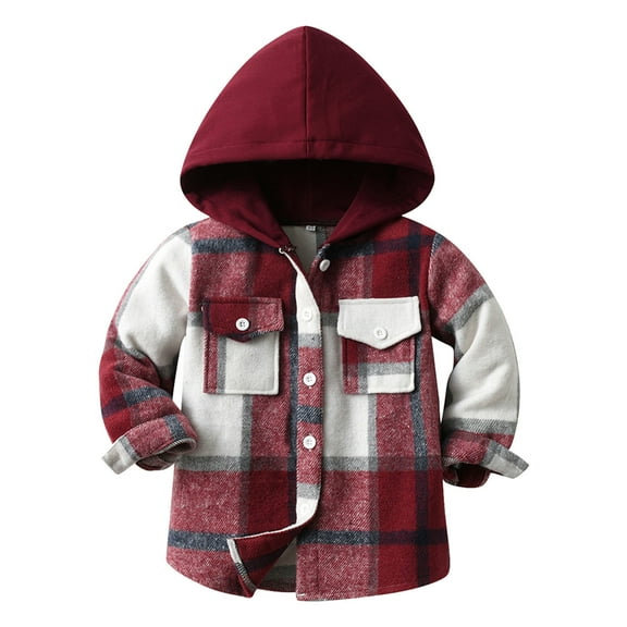 Kiijoy Infant Boys Girls Plaid Hooded Coat Long Sleeve Button Up Shirt Cardigan Jacket