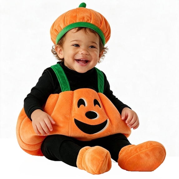 Kiijoy Boys Halloween Pumpkin Outfits Baby Plush Bib Romper Hat Booties 3Pcs Set