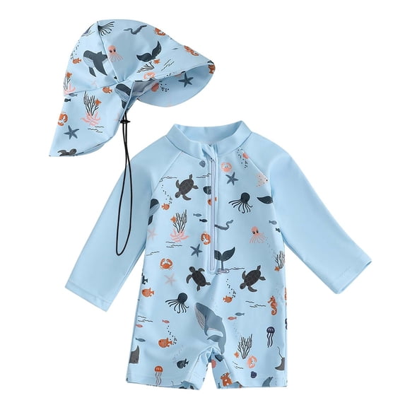 Kiijoy Boys Long Sleeve Zipper Rash Guard Swimsuit UPF 50+ Bathing Suit, Sizes 6-12 Months