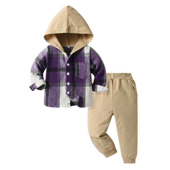 Kiijoy Boys Outfits Casual Plaid Hooded Jacket Pants Sports Sweatsuit, Sizes 18-24M