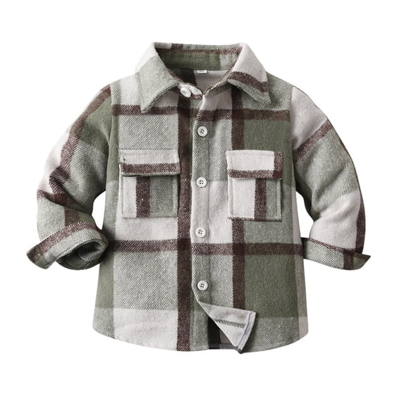 Kiijoy Boys Plaid Long Sleeve Button-Down Shirt Spring Fall Pocket Shirt Top, 18-24 Months