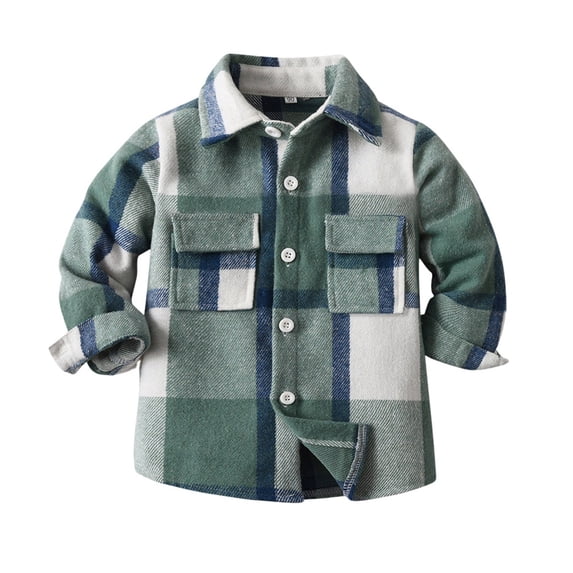 Kiijoy Boys Plaid Long Sleeve Button-Down Shirt Spring Fall Pocket Shirt Top, Green, 12-18 Months