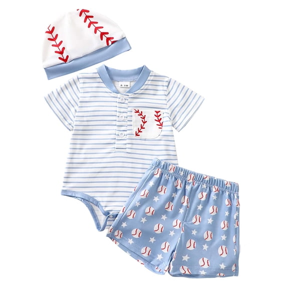 Kiijoy Infant Boys Striped Baseball Print Short Sleeve Romper Shorts Outfits with Hat, Sizes 0-18 Months