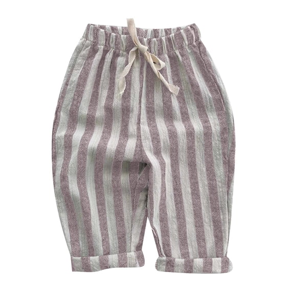 Kiijoy Boys Striped Linen Pants Elastic Waist Drawstring Trousers, Sizes 12-18M