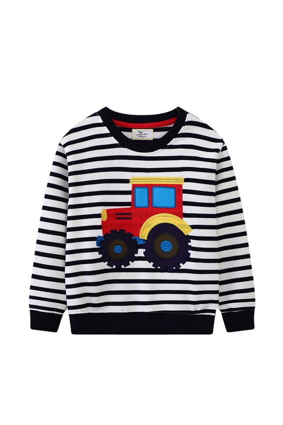 Boys Sweatshirt Car Embroidery Striped Crew Neck Pullover Top, Sizes 18-24M