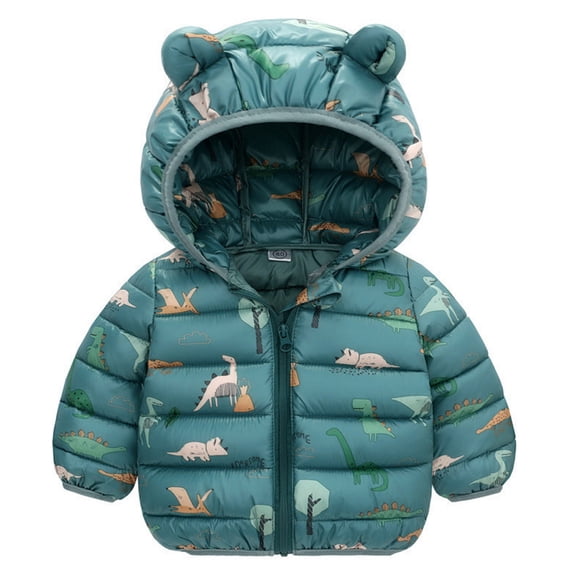 Kiijoy Boys Winter Padded Coat Cute Cartoon Outerwear Hooded Puffer Jacket, Green, 12-24 Months