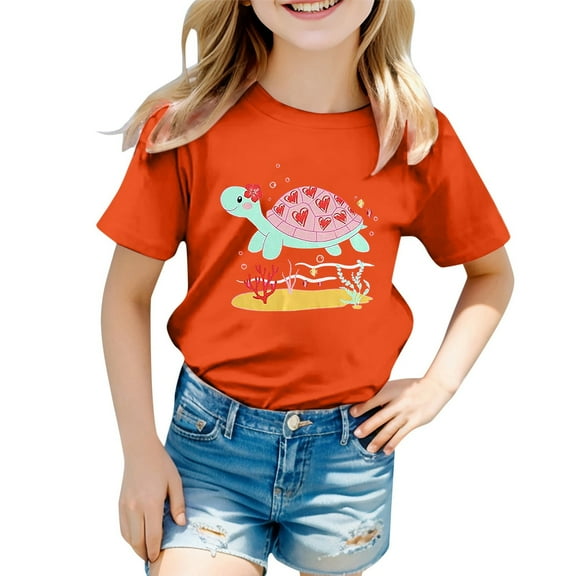 Kiijoy Girl's Graphic T-Shirt Cartoon Turtle Print Short Sleeve T Shirt for Kids