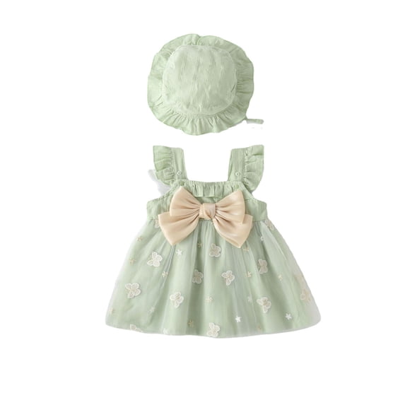 Kiijoy Infant Girl's Sleeveless Ruffle Bow Dress Summer Beach A-Line Tutu Dress with Hat