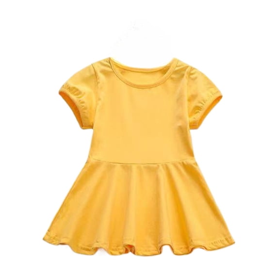 Kiijoy Infant Girls Casual Cotton Dresses Solid Color Short Sleeve Skater Dress, Yellow