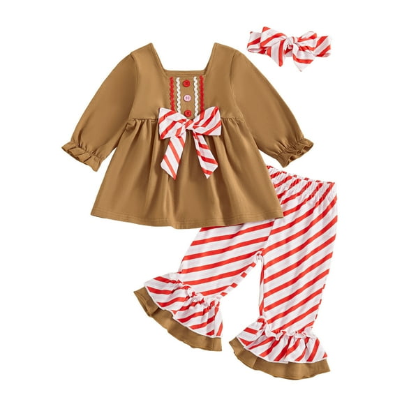 Kiijoy Infant Girls Christmas Outfits Xmas Long Sleeve Top Flare Pants Headband 3Pcs Set, Sizes 6-12M