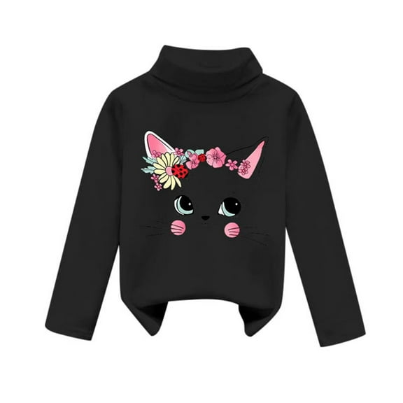 Kiijoy Infant Girls Fleece High Neck Pullover Cartoon Cat Thermal T-Shirt, Sizes 18-24M
