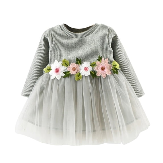 Kiijoy Infant Girls Flower Embroidery Ribbed Long Sleeve Dress Fall Mesh Princess Dress