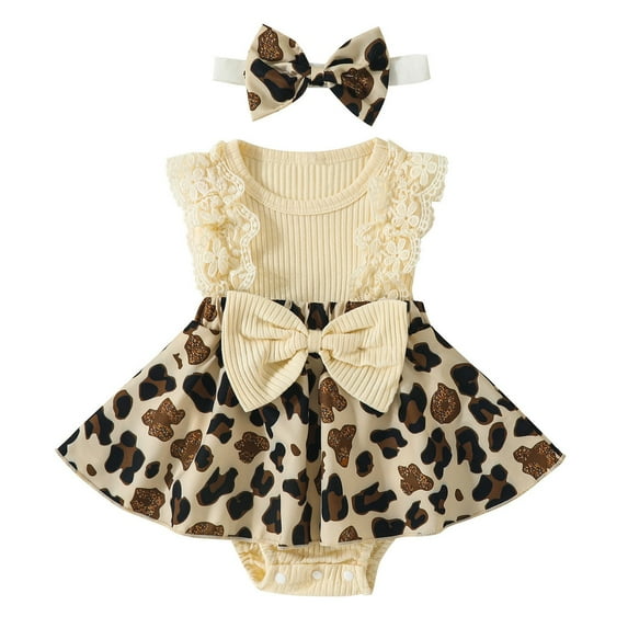 Kiijoy Girls Lace Ruffle Bodysuit Dress Flower Print Bow Romper Dress, Sizes 6-9 Months