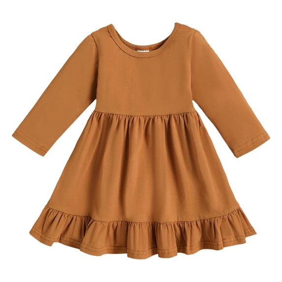 Kiijoy Infant Girls Long Sleeve Ruffle Dress Solid Plain Cotton A Line Dress, Sizes 6-12 Months