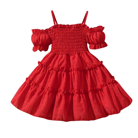Kiijoy Infant Girls Off Shoulder Smocked Tiered Dress Solid Birthday Party Princess Dress