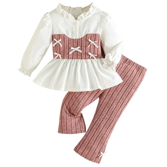 Kiijoy Infant Girls Outfits Bow Long Sleeve Peplum Top Knitted Pants Set, Sizes 12-18M