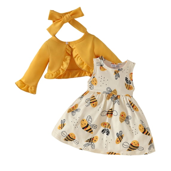 Kiijoy Infant Girls Outfits Cartoon Bee Print Tank Dress Cardigan Top Headband 3Pcs Set, Sizes 18-24M