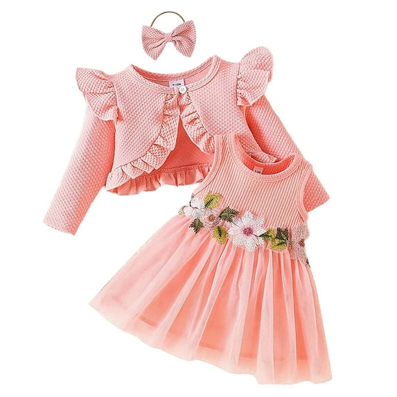 Kiijoy Infant Girls Outfits Cute Floral Mesh Dress with Long Sleeve Jacket, Sizes 12-18M