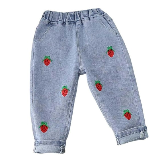 Kiijoy Infant Girls Pull On Jeans Strawberry Print Stretch Soft Denim Pants, Sizes 12-18M